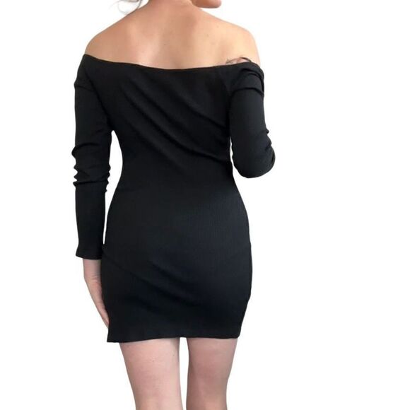 Lunik Women's Black Ribbed Bodycon Off Shoulder Button Down Long Sleeve Dress  L - Picture 2 of 12